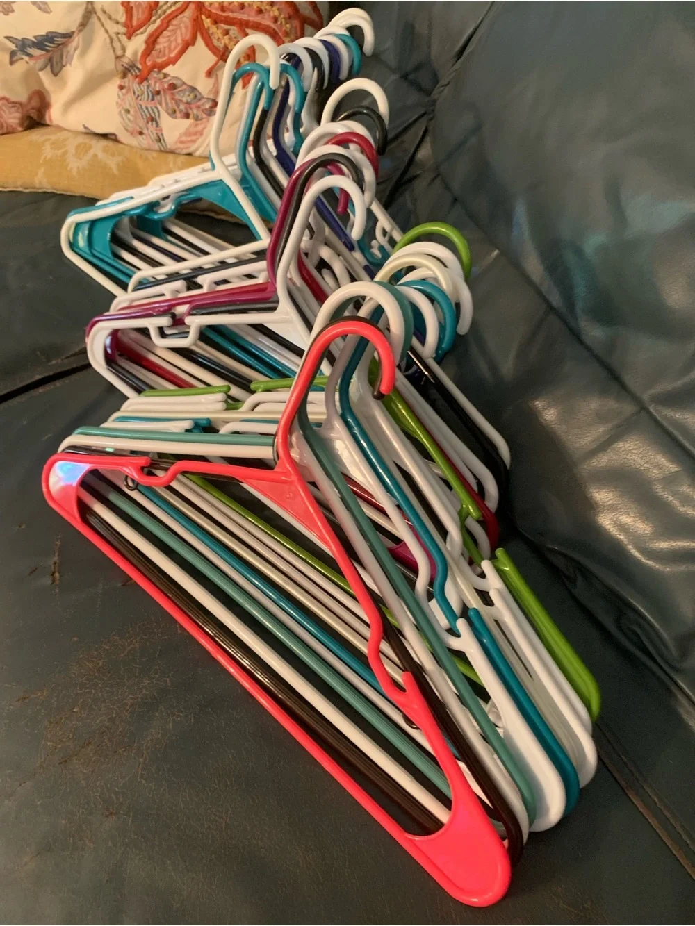 PLASTIC hangers, large assortment of 35, various colors. Approx 16.5 inches wide